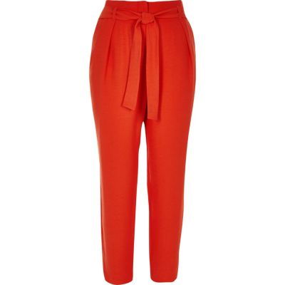 Red soft tie waist tapered trousers
